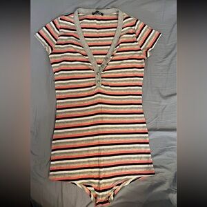 Striped V-Neck Buttoned Bodysuit